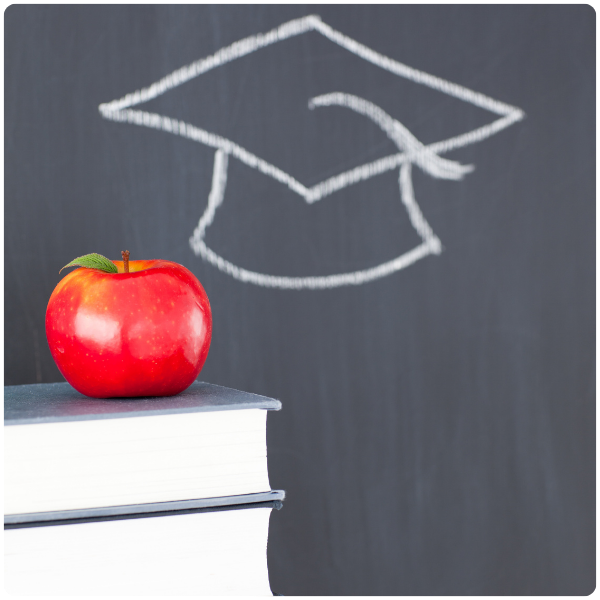 Apple and graduation cap on chalkboard showing educational services at Spiritos School